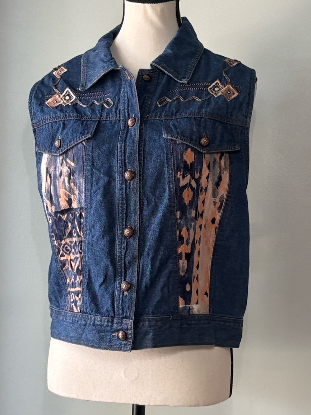 Vintage Saint Germain Paris, Western Boho Denim Vest/Batik cloth panels; Size-MP
